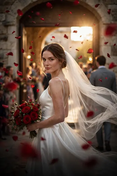 A bride in a white gown and veil at a wedding with rose petals in the air