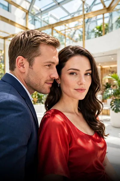 A man in a navy suit and a woman in a red blouse stand close together in a bright glass atrium