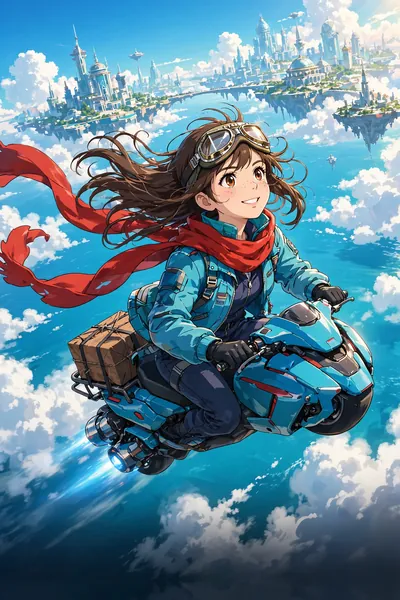 A girl in a blue jacket and a red scarf rides a flying scooter above the clouds over floating islands