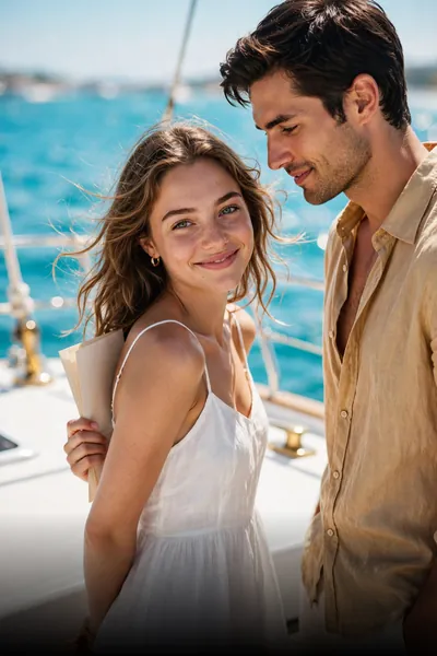 A woman in a white dress and a man in a linen shirt stand close together on a sunny boat deck