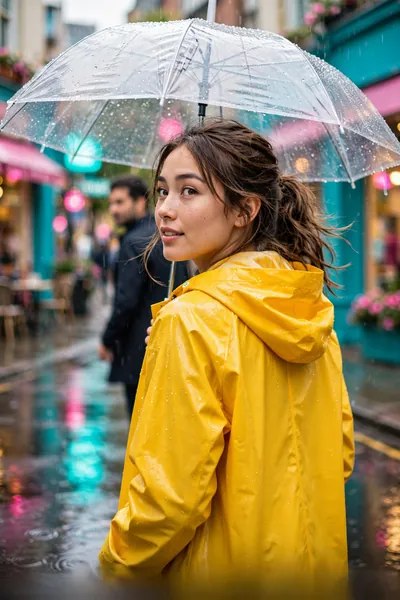 A woman in a yellow raincoat holds a clear umbrella on a wet, colorful street