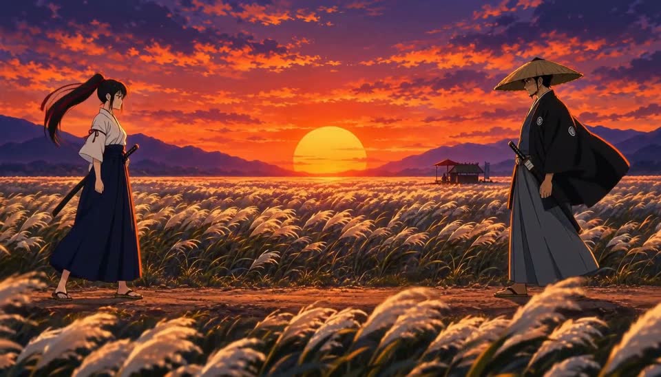 Two sword fighters face each other across a field of silver grass at sunset, a frame from a short shown on the Ziztu home page