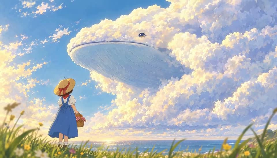 A girl in a straw hat looks up at a whale made of clouds, a frame from The Sky Whale, a short shown on the Ziztu home page