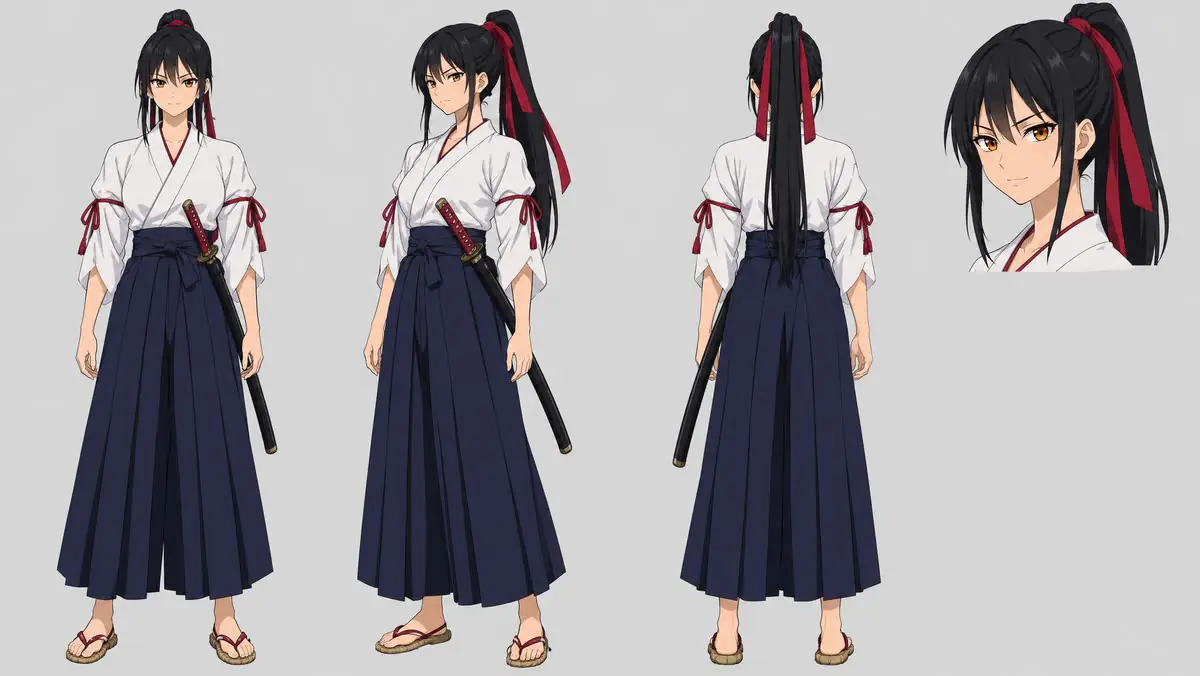 Hana's character sheet: front, side and back views and a close-up