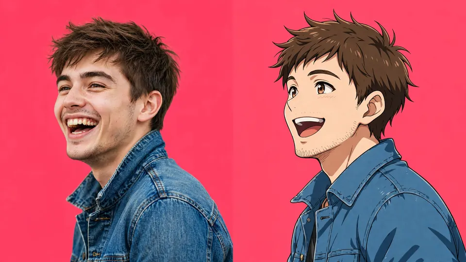 A photo of a young man and the same photo redrawn as anime art, side by side on coral pink