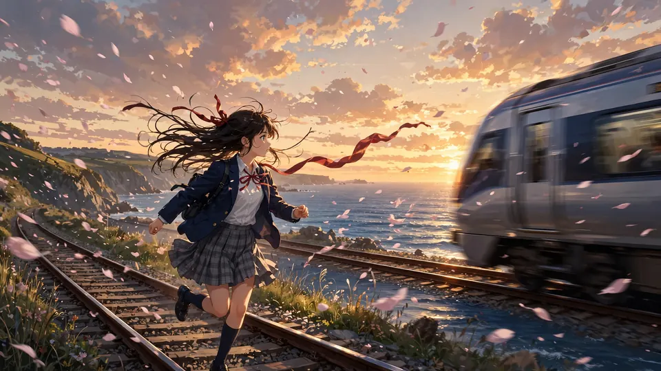 An anime girl running along a seaside railway at sunset as a train passes