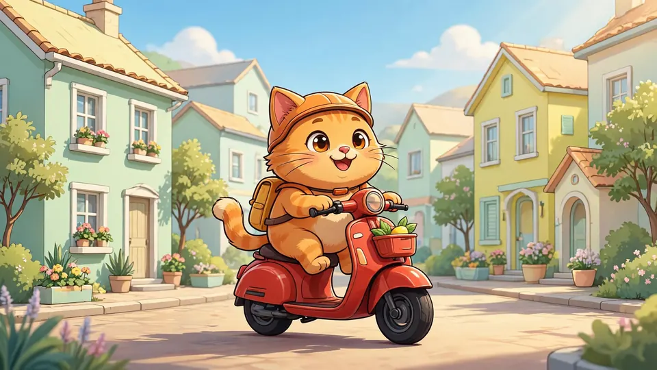 A cartoon orange cat on a red scooter riding through a sunny pastel town