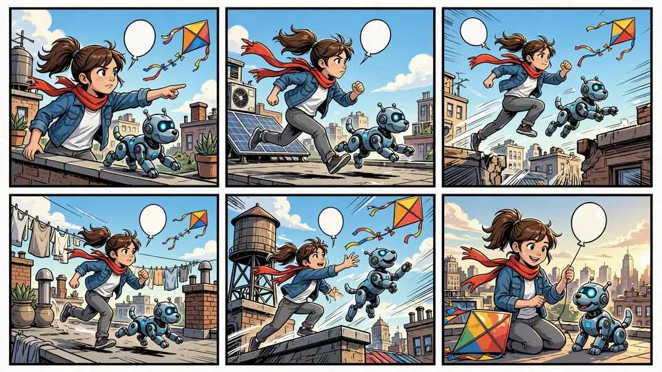 A full-color six-panel comic page of a girl and a robot dog chasing a kite
