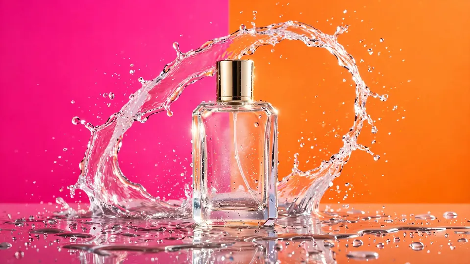 A perfume bottle with a frozen water splash on a hot-pink and tangerine set