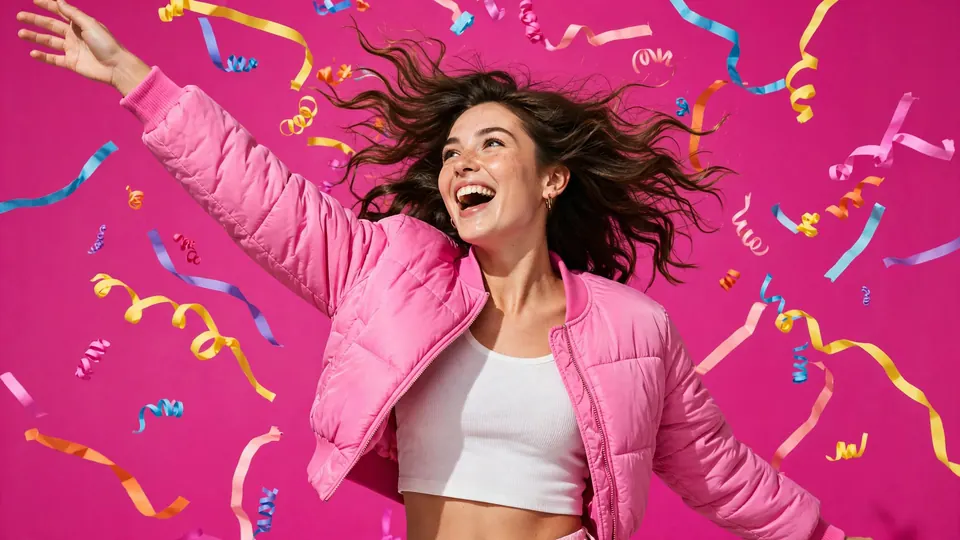 A woman mid-dance move against a vivid magenta backdrop