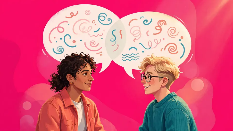Two people talking with overlapping speech bubbles on a bright pink background