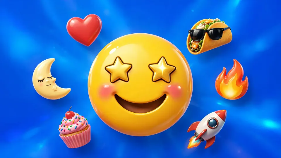 A star-eyed 3D emoji surrounded by six smaller emoji on an electric-blue background