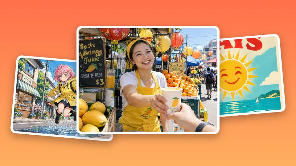 Three pictures made by different image models: a market photo, an anime girl and a retro poster, on coral