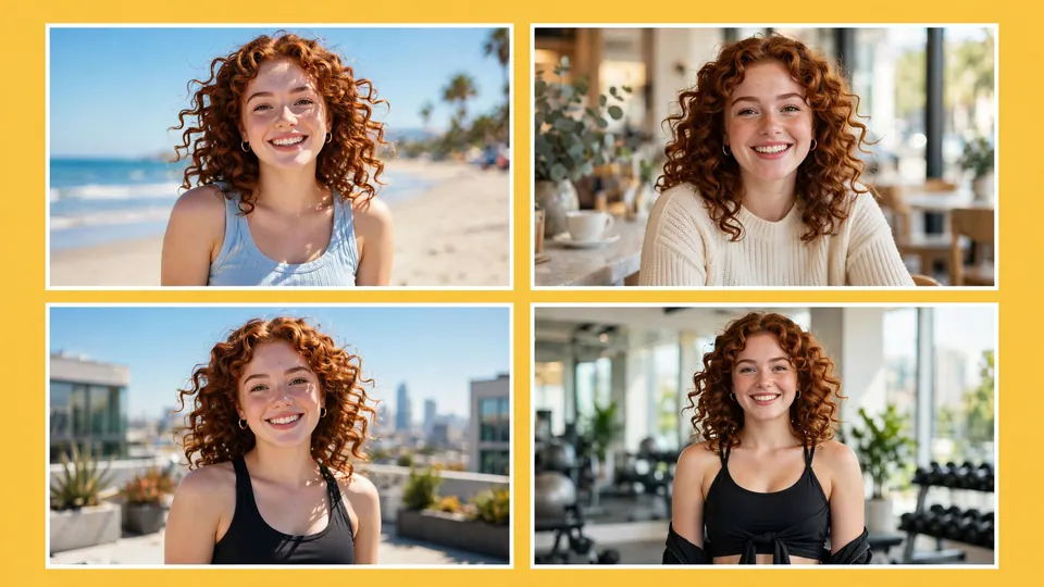 Four lifestyle photos of the same woman tiled on a sunflower-yellow background