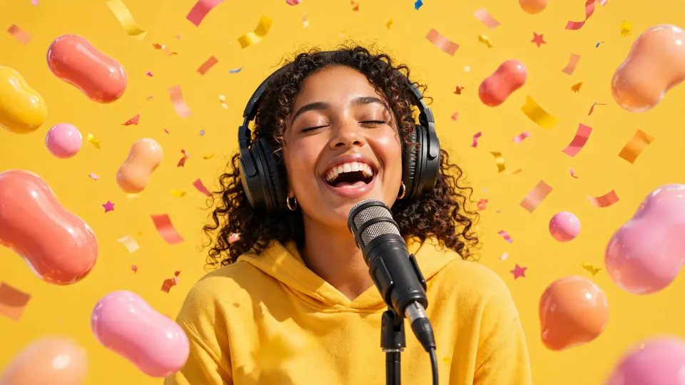 A singer at a studio microphone against a sunflower-yellow backdrop with confetti