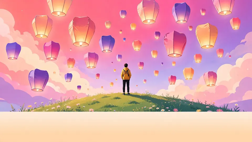 A figure on a hilltop under glowing lanterns in a peach and violet sky