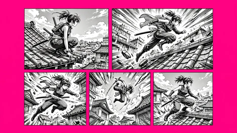 A black and white manga page of a swordswoman on a hot-pink background