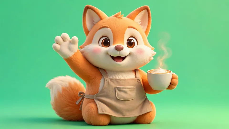 A 3D fox mascot in a barista apron waving on a mint-green background