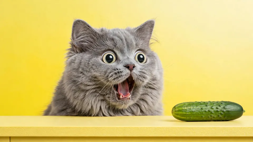 A shocked gray cat staring at a cucumber on a lemon-yellow counter