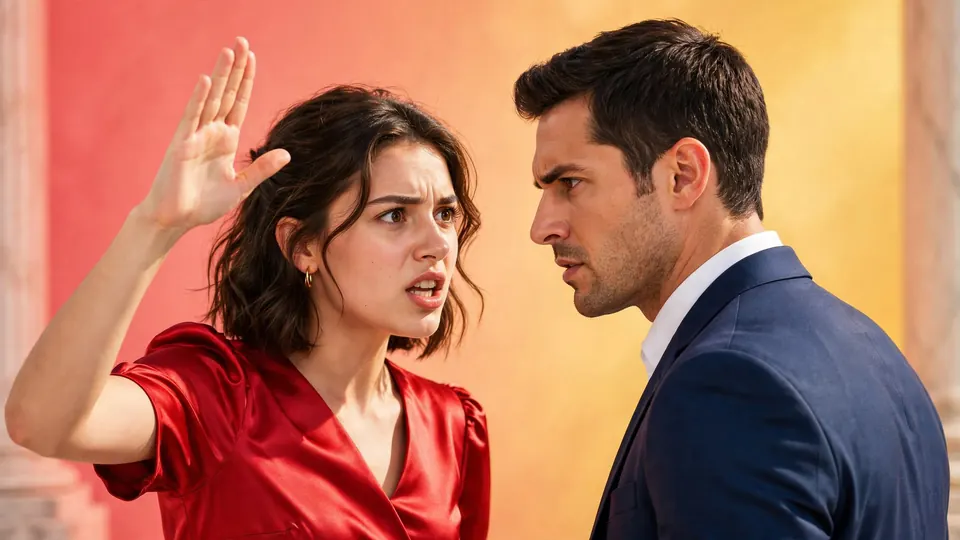 A woman in a red dress and a man in a navy suit mid-argument in a sunlit mansion hall