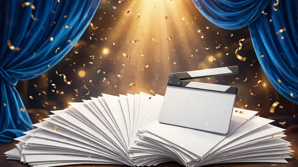 A fan of script pages and a clapperboard in front of a bright blue cinema curtain