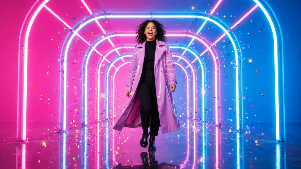 A singer walking through a tunnel of hot-pink and electric-blue neon light