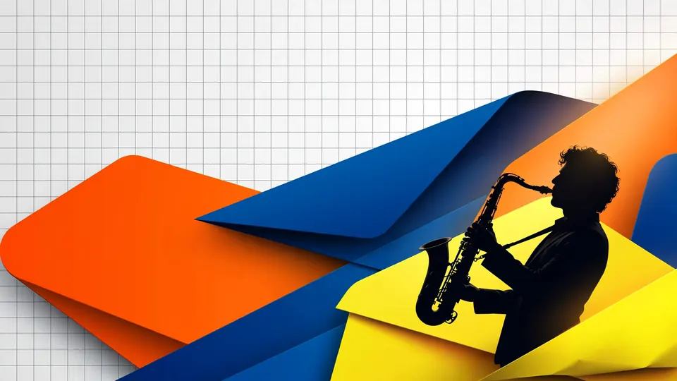 An abstract poster with a saxophone silhouette in orange, blue and yellow