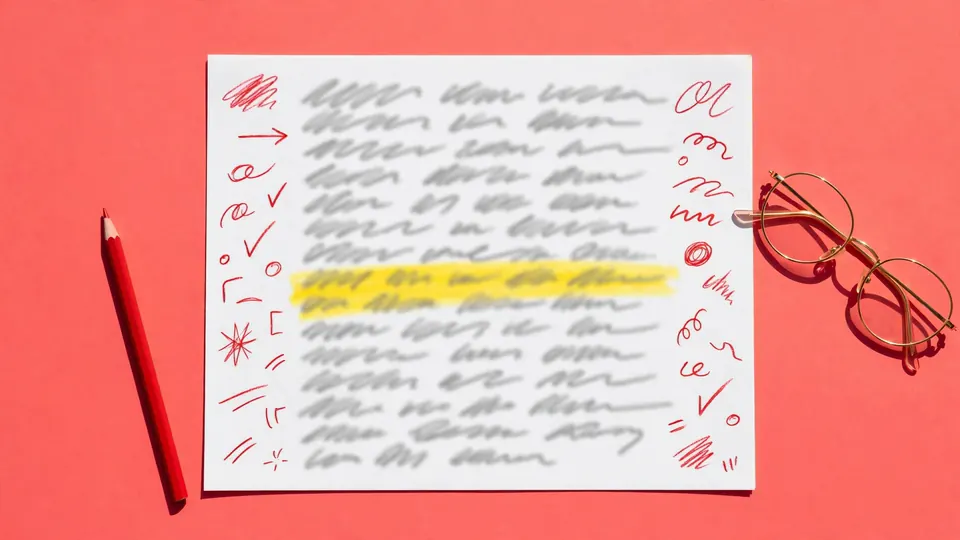 A screenplay page with red margin notes on a bright coral background
