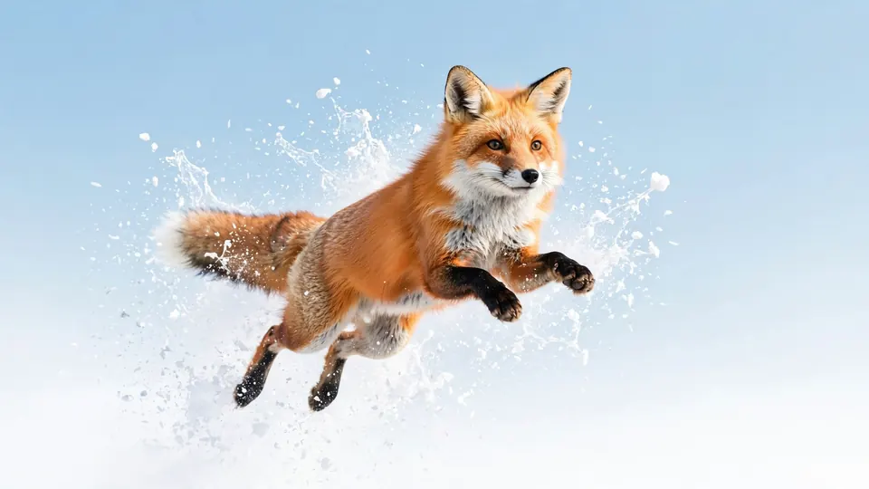A red fox leaping over bright white snow under a pale-blue sky