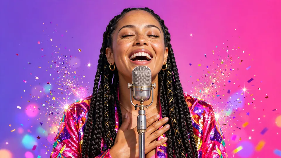 A singer with braids at a vintage microphone in violet and hot-pink light