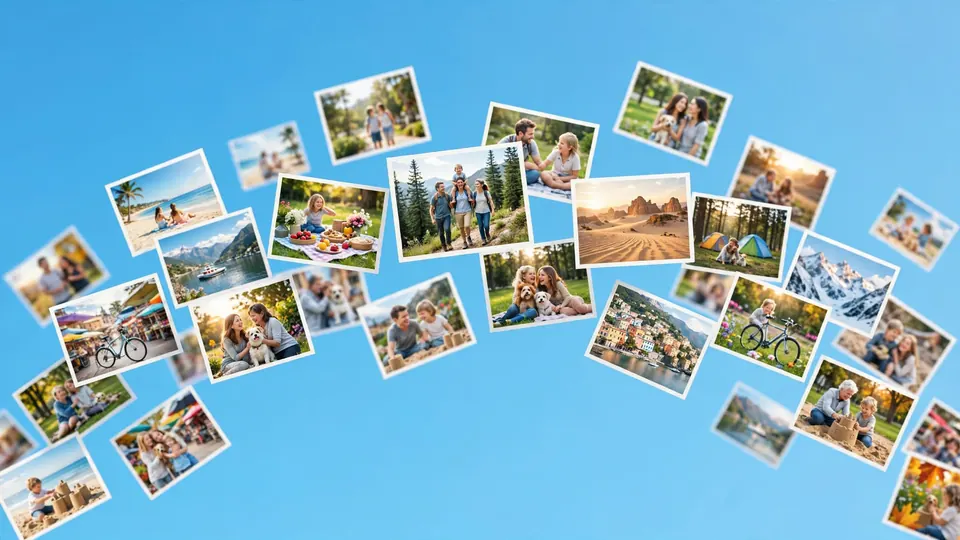 Printed travel and family photos floating in an arc on a sky-blue background
