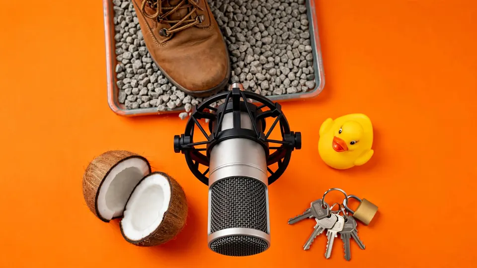 Foley props around a studio microphone on a tangerine background