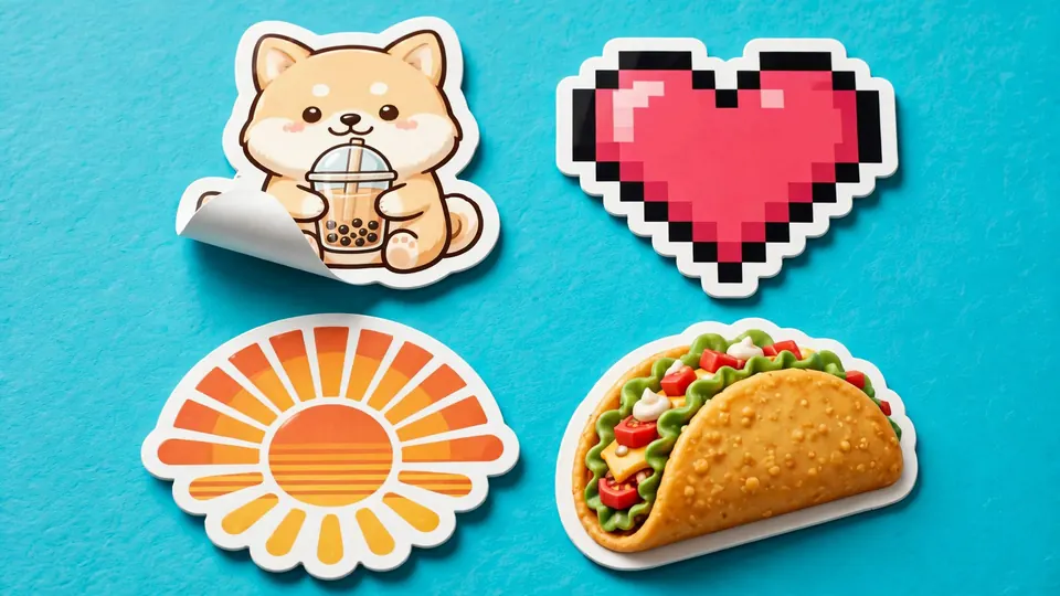 Four die-cut stickers with white borders on a turquoise background