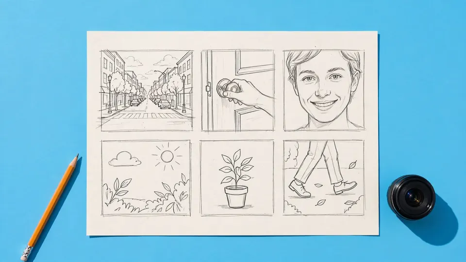 A six-panel storyboard sheet on a sky-blue background