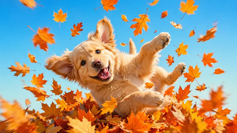 A golden retriever puppy tumbling through bright autumn leaves