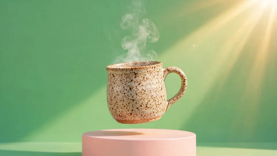 A ceramic mug with steam floating over a pedestal on a sage-green ad background