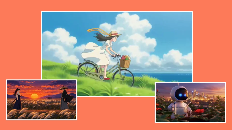Three AI video frames on coral: a girl on a bicycle by the sea, two swordsmen at sunset, a robot in a garden