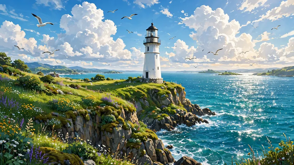 An illustrated white lighthouse on a green cliff above a turquoise sea