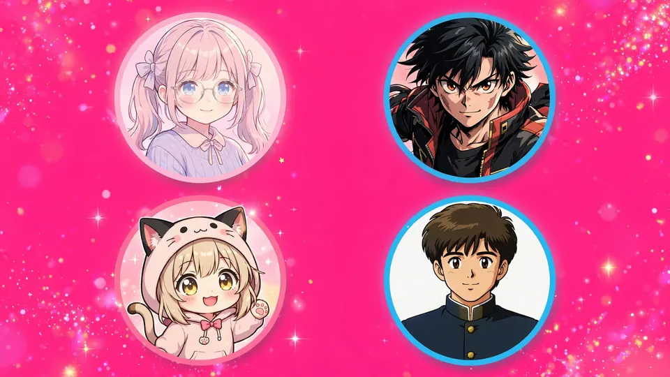 Four round anime profile pictures in different styles on a hot-pink background