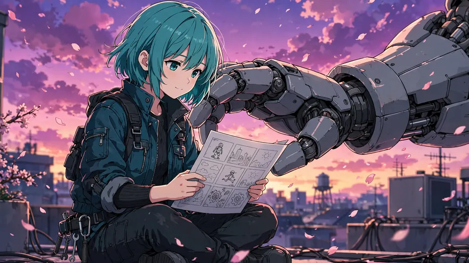 An anime girl with a storyboard sheet and a giant robot hand under a violet sunset