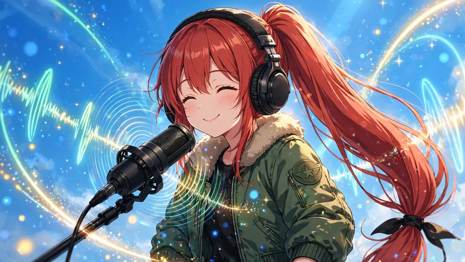 An anime girl with a red ponytail singing into a microphone on sky blue