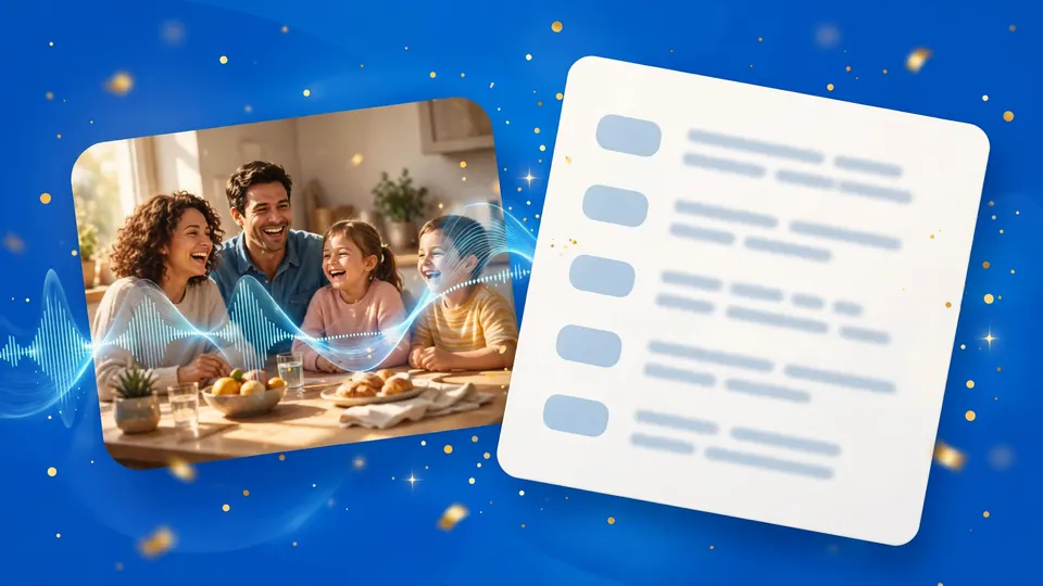 A transcript card with timestamps beside a video of a family at a kitchen table, on cobalt blue