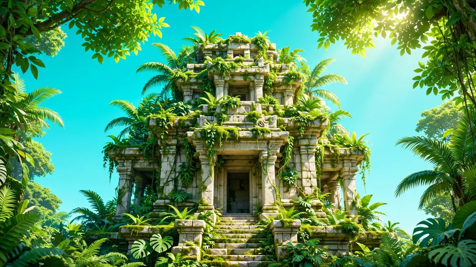 An ancient stone temple in lush green jungle under a turquoise sky