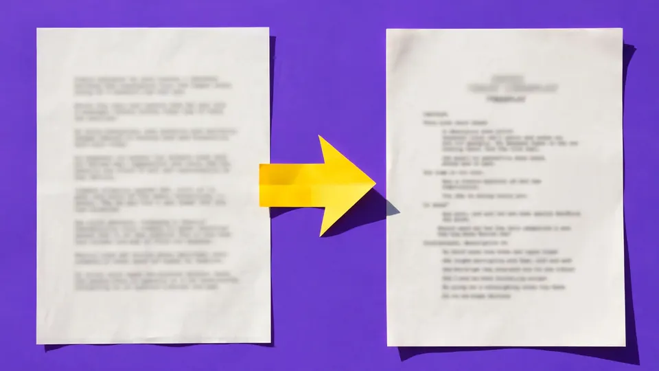 A plain typed page and a formatted screenplay page side by side on violet