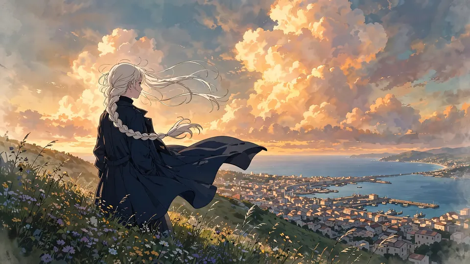 An anime girl with a white braid on a flower hill above a coastal town at sunset