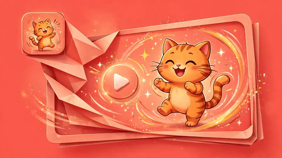 A dancing cartoon cat in a small GIF tile turning into a widescreen video with a play button