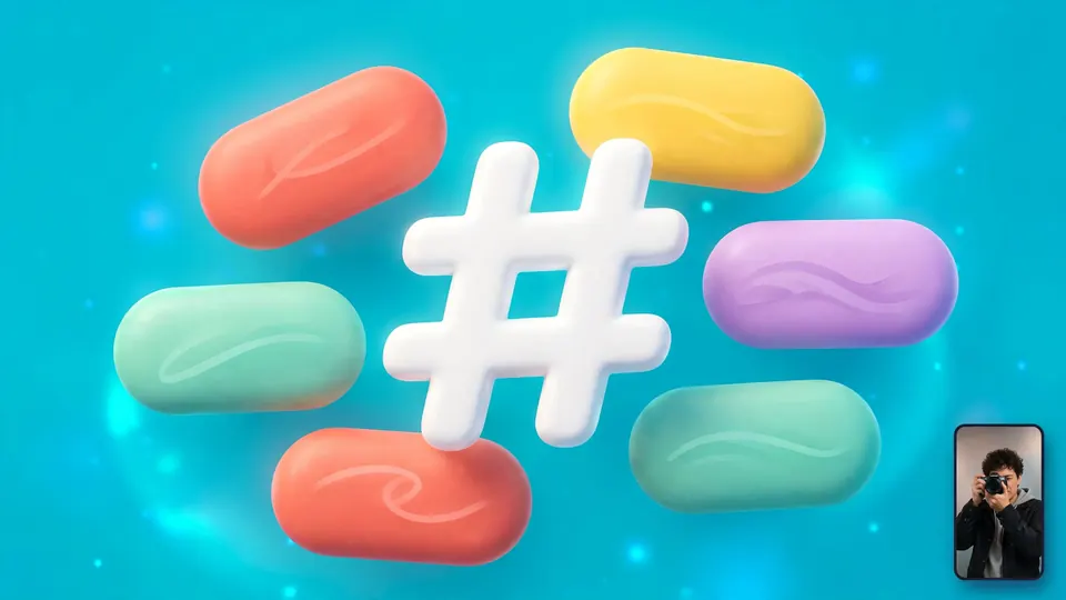 A big white hash symbol surrounded by colorful tag pills on turquoise