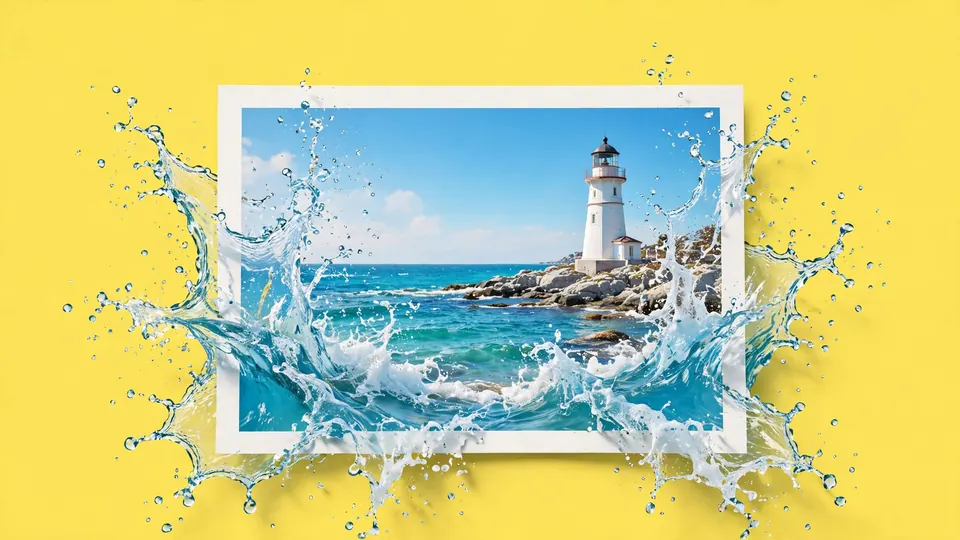 A photo print of the sea whose waves splash out past its edge on lemon yellow