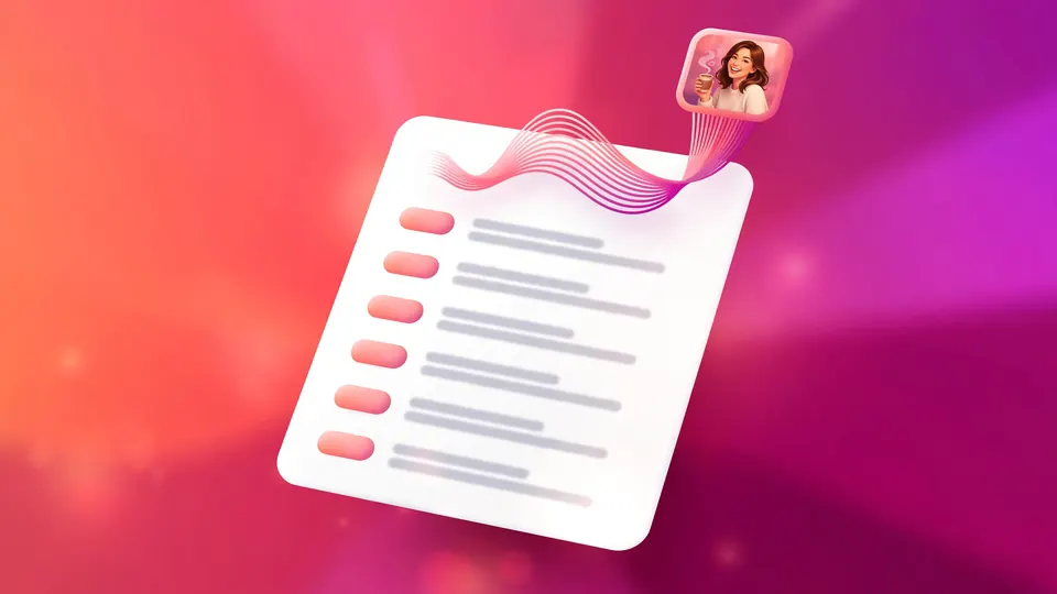 A transcript card with timestamps next to a vertical video of a smiling woman, on a coral and magenta background
