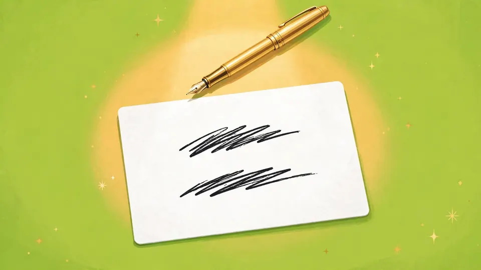 A white index card and a golden pen in a spotlight on a lime-green background